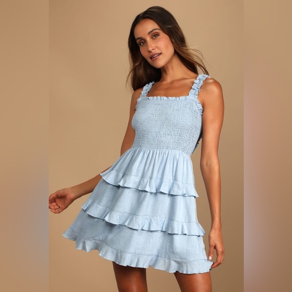 Lulus Super Sweet Light Blue Smocked Ruffled Tie-Back Mini Dress size small - Picture 1 of 12